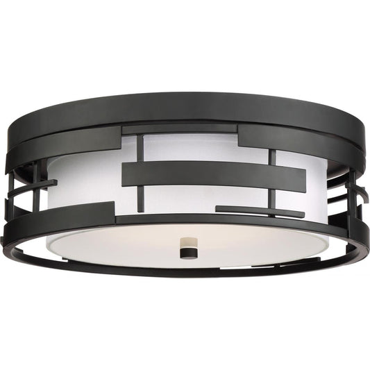Lansing - 3 Light Flush with White Fabric Shade & Opal Diffuser - Midnight Bronze Finish - Satco 60-6434