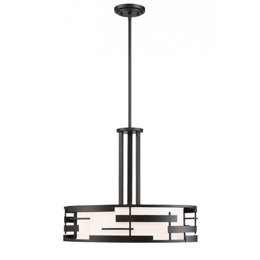 Lansing - 3 Light Pendant with White Fabric Shade & Opal Diffuser - Midnight Bronze Finish - Satco 60-6435