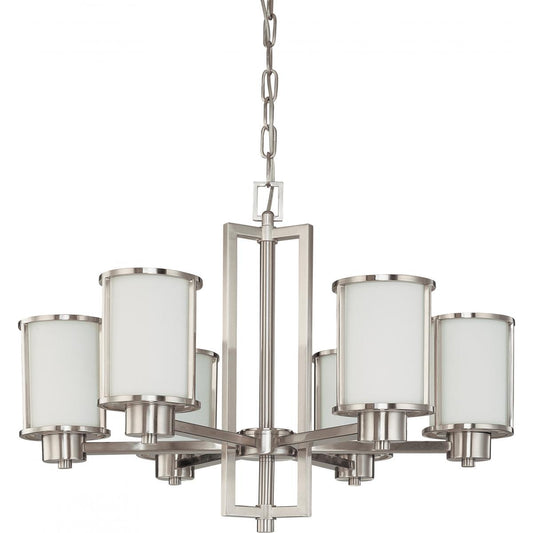 Odeon - 6 Light (convertible up with down) Chandelier with Satin White Glass - Brushed Nickel Finish - Satco 60-2853
