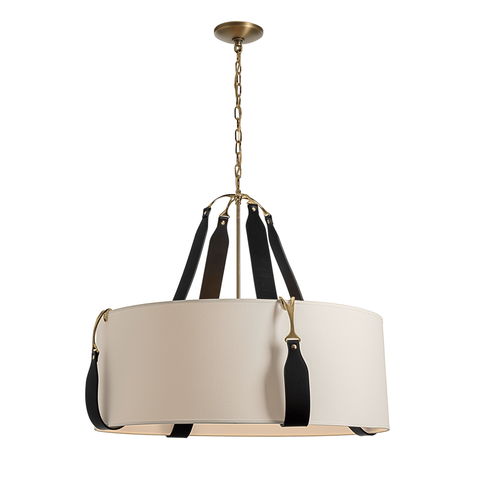 Saratoga Large Pendant - Antique Brass Metal Accent - Leather Black Accent by Hubbardton Forge