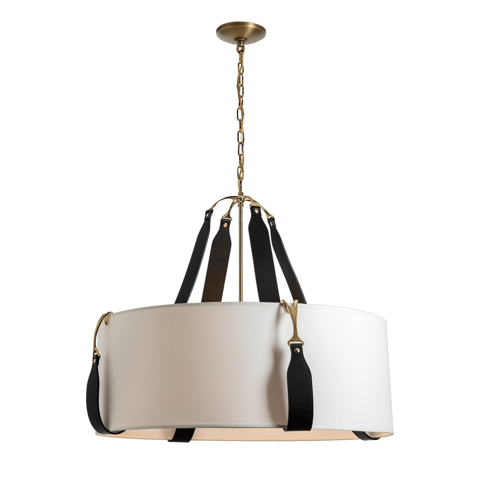 Saratoga Large Pendant - Antique Brass Metal Accent - Leather Black Accent by Hubbardton Forge