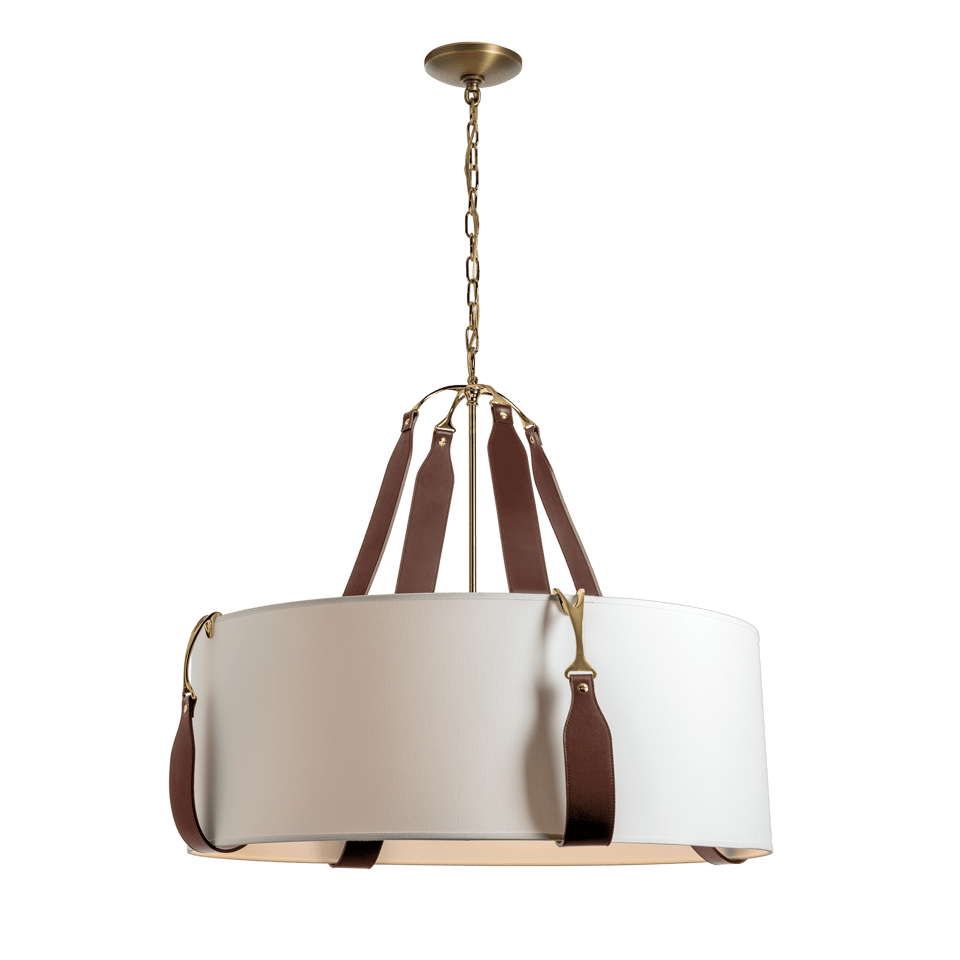 Saratoga Large Pendant - Antique Brass Metal Accent - Leather British Brown Accent by Hubbardton Forge