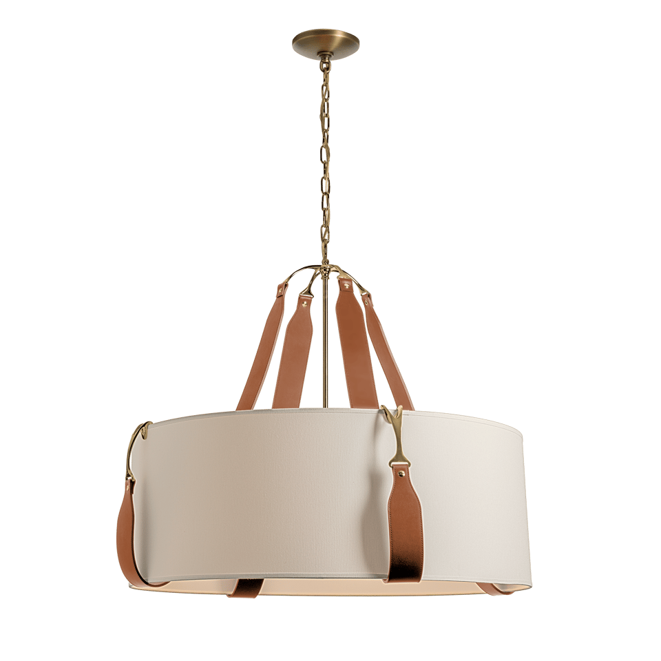Saratoga Large Pendant - Antique Brass Metal Accent - Leather Chestnut Accent by Hubbardton Forge