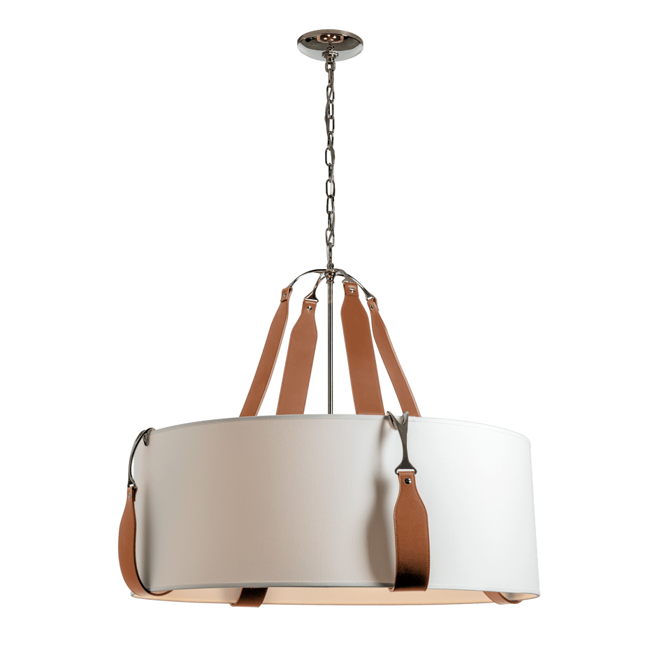 Saratoga Large Pendant - Polished Nickel Metal Accent - Leather Chestnut Accent by Hubbardton Forge