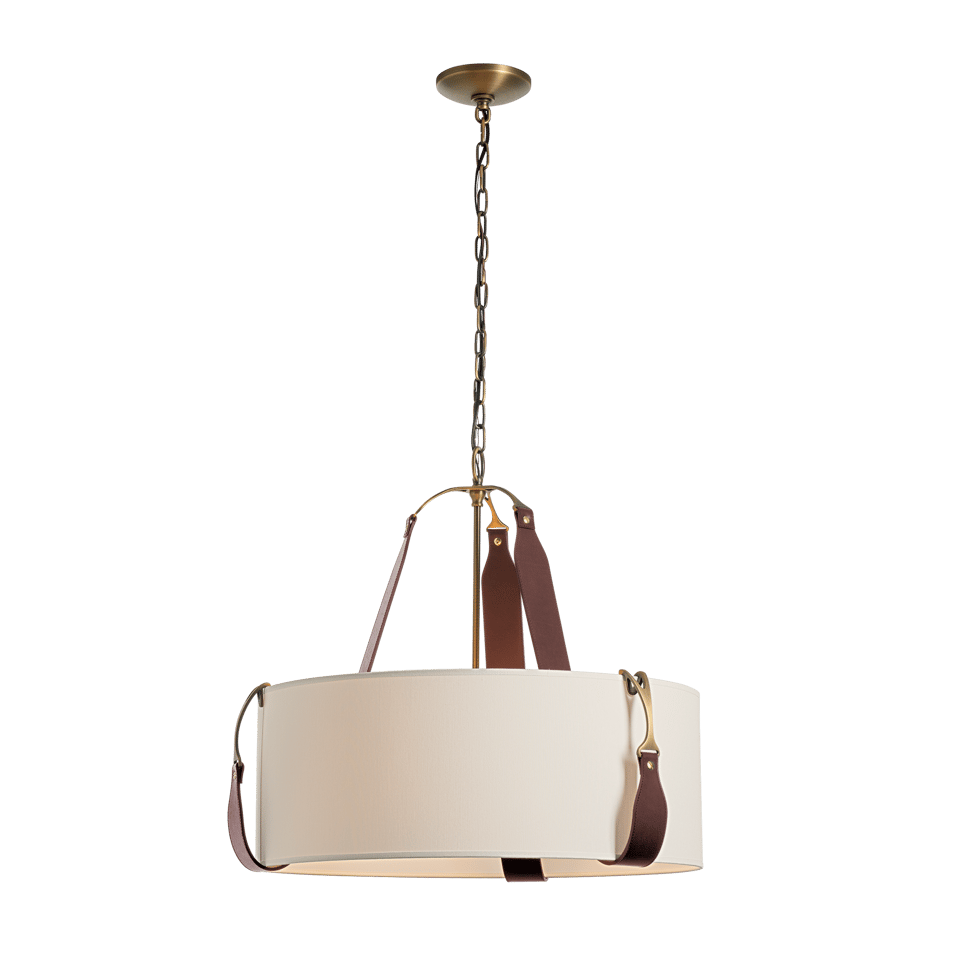 Saratoga Small Pendant - Antique Brass Metal Accent - Leather British Brown Accent by Hubbardton Forge
