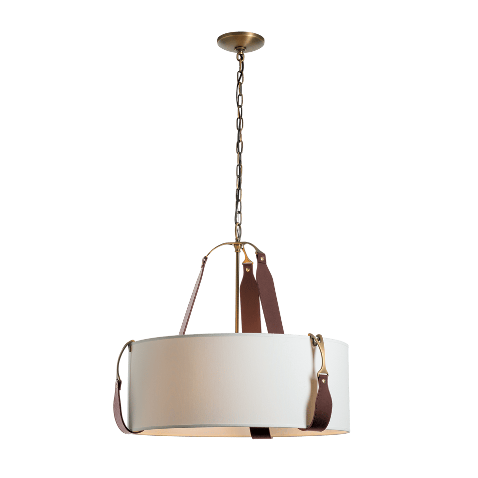 Saratoga Small Pendant - Antique Brass Metal Accent - Leather British Brown Accent by Hubbardton Forge