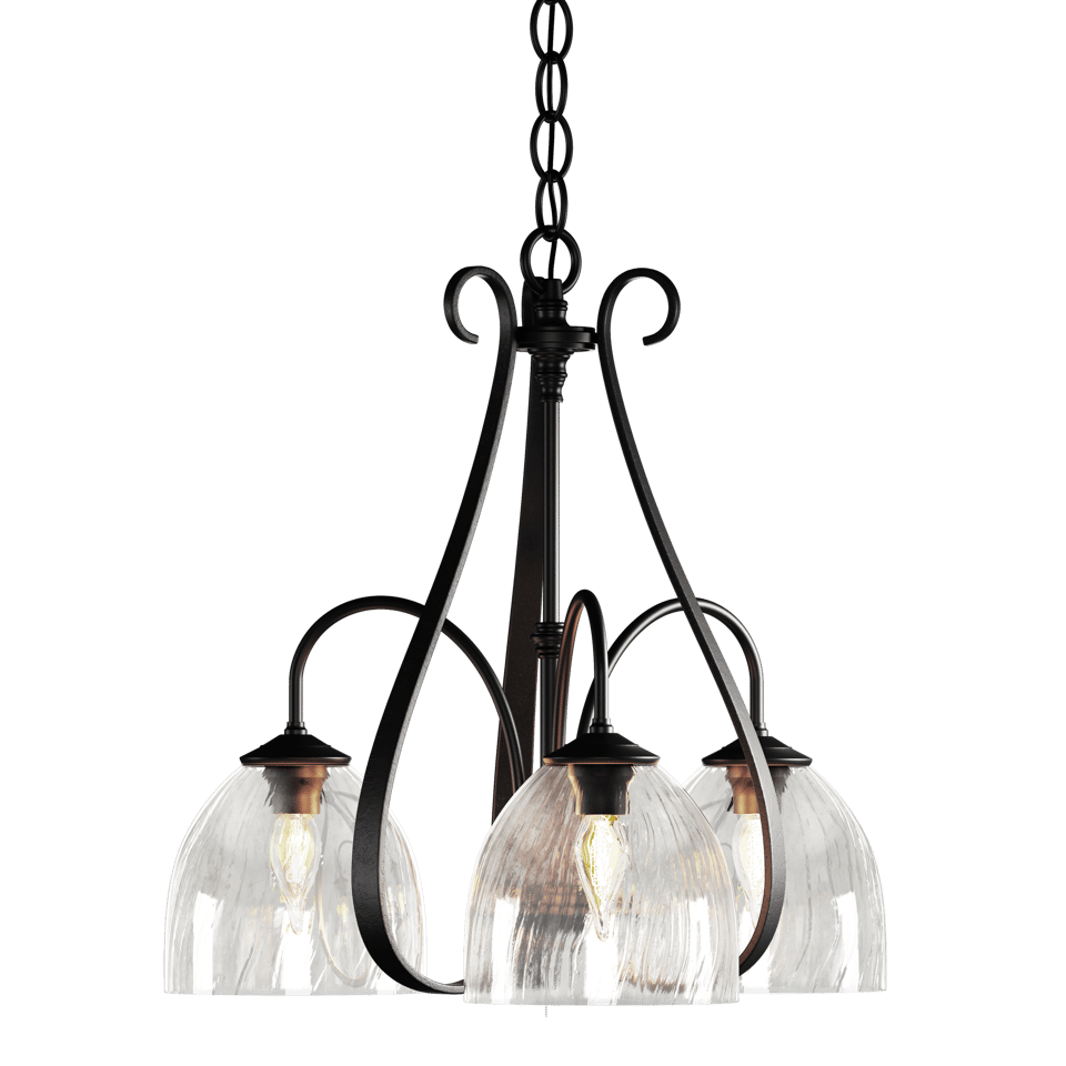 Sweeping Taper 3-Arm Chandelier - Black - Water Glass by Hubbardton Forge