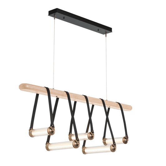 York Linear 5-Light LED Pendant - Antique Brass Metal Accent - Leather Black Accent by Hubbardton Forge