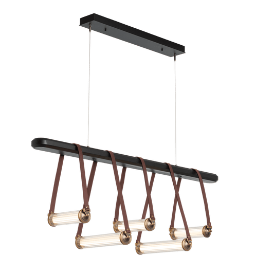 York Linear 5-Light LED Pendant - Antique Brass Metal Accent - Leather British Brown Accent by Hubbardton Forge