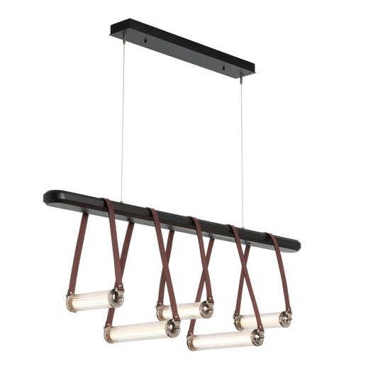 York Linear 5-Light LED Pendant - Polished Nickel Metal Accent - Leather British Brown Accent by Hubbardton Forge