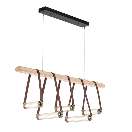 York Linear 5-Light LED Pendant - Polished Nickel Metal Accent - Leather British Brown Accent by Hubbardton Forge