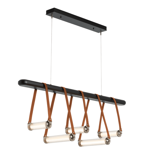 York Linear 5-Light LED Pendant - Polished Nickel Metal Accent - Leather Chestnut Accent by Hubbardton Forge